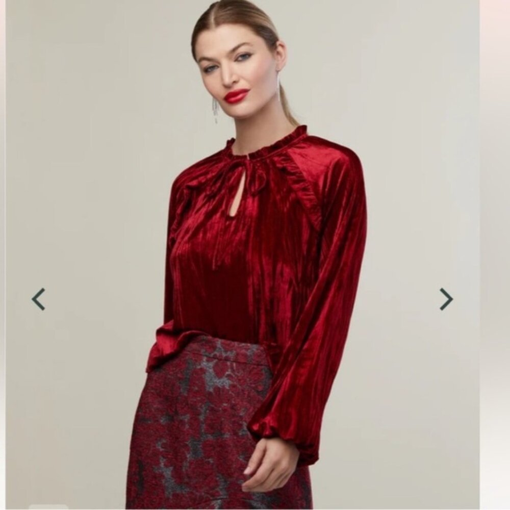 NWT Rachel Parcell Women's Red Crinkle Velvet Ruffle Long Sleeve Blouse Small